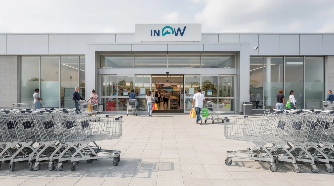 Die Außenansicht eines modernen Supermarkts zeigt Einkaufswagen im Vordergrund und Kunden, die das Geschäft betreten. Dieser Rewe Markt gehört zur Rewe Gruppe und ist ein Teil des Lebensmitteleinzelhandels in Deutschland.