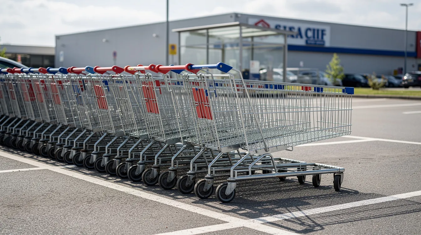 Auf dem Supermarktparkplatz stehen mehrere Einkaufswagen in einer Reihe bei Tageslicht. Diese Szene vermittelt das geschäftige Leben im Lebensmitteleinzelhandel, wo Kunden in den Rewe Märkten ihre Einkäufe erledigen.