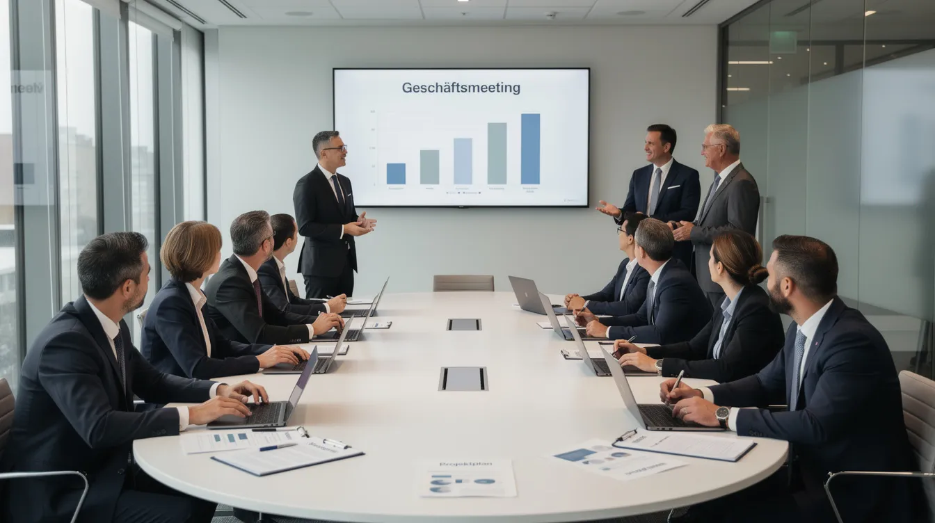 Eine Gruppe von Geschäftsleuten sitzt an einem großen Konferenztisch und diskutiert verschiedene Themen im Bereich Lebensmitteleinzelhandel und Unternehmensstrategien. Die Besprechung könnte sich um die Rewe Gruppe und deren Rolle im deutschen Markt drehen.