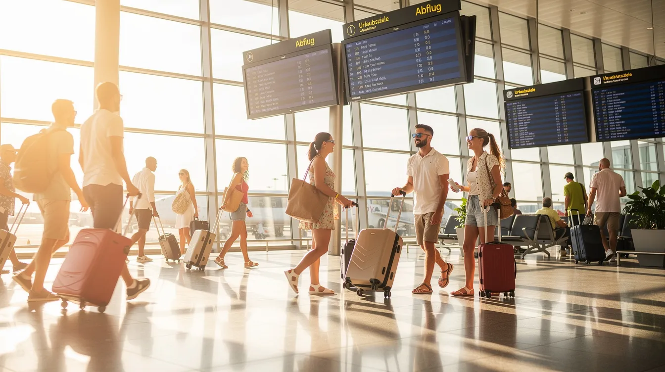 Eine Gruppe von Reisenden mit Koffern steht an einem sonnigen Flughafen-Terminal und genießt die Urlaubsstimmung. Die Menschen wirken entspannt und freuen sich auf ihre bevorstehenden Reisen, während im Hintergrund die modernen Architekturmerkmale des Terminals sichtbar sind.