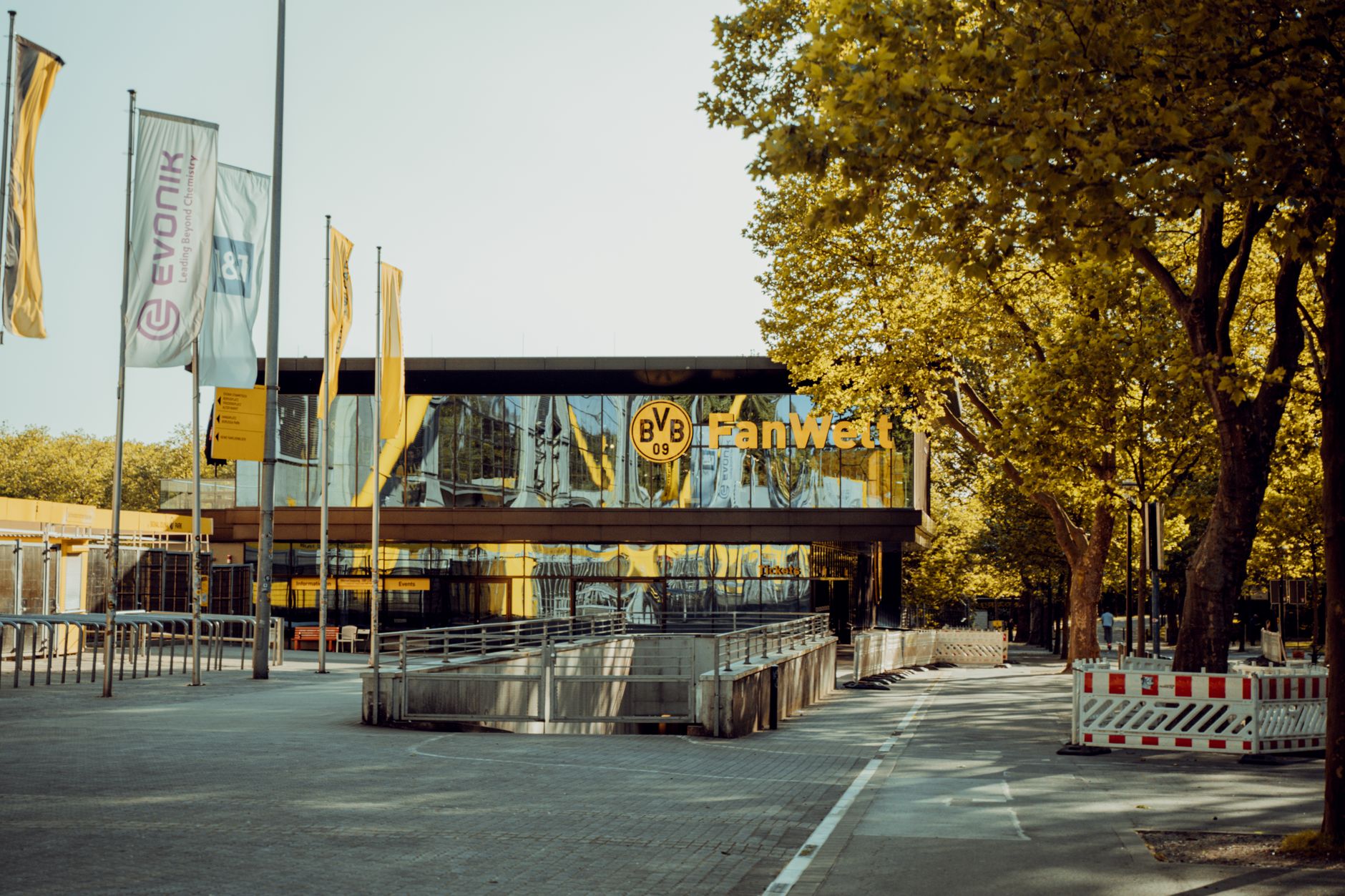 Exterior view of BVB Fanwelt, a local landmark near Dortmund's stadium, Germany.