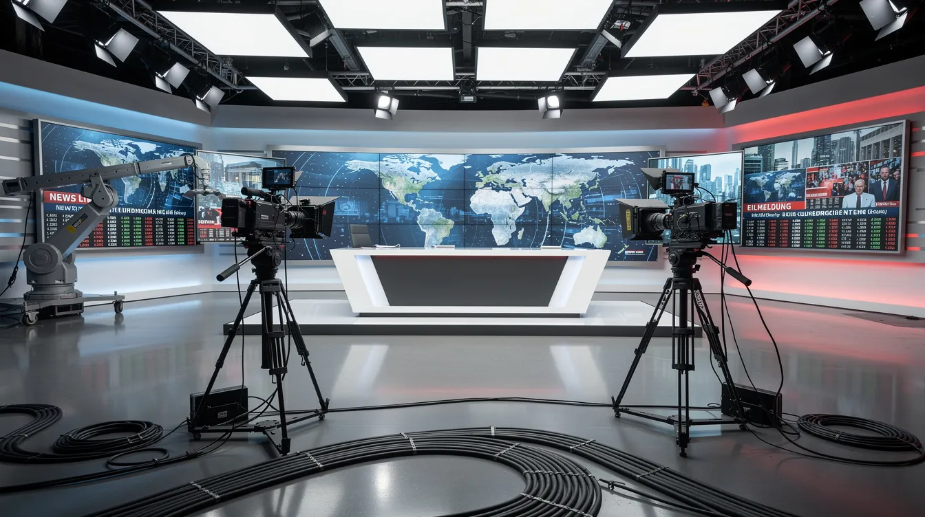 Das Bild zeigt ein modernes Fernsehstudio mit mehreren Bildschirmen, Kameras und professioneller Beleuchtung in einem Newsroom, der für die Nachrichtenberichterstattung von ntv genutzt wird. Hier werden live Übertragungen und Reportagen zu aktuellen Themen aus Politik, Wirtschaft und Lifestyle produziert.