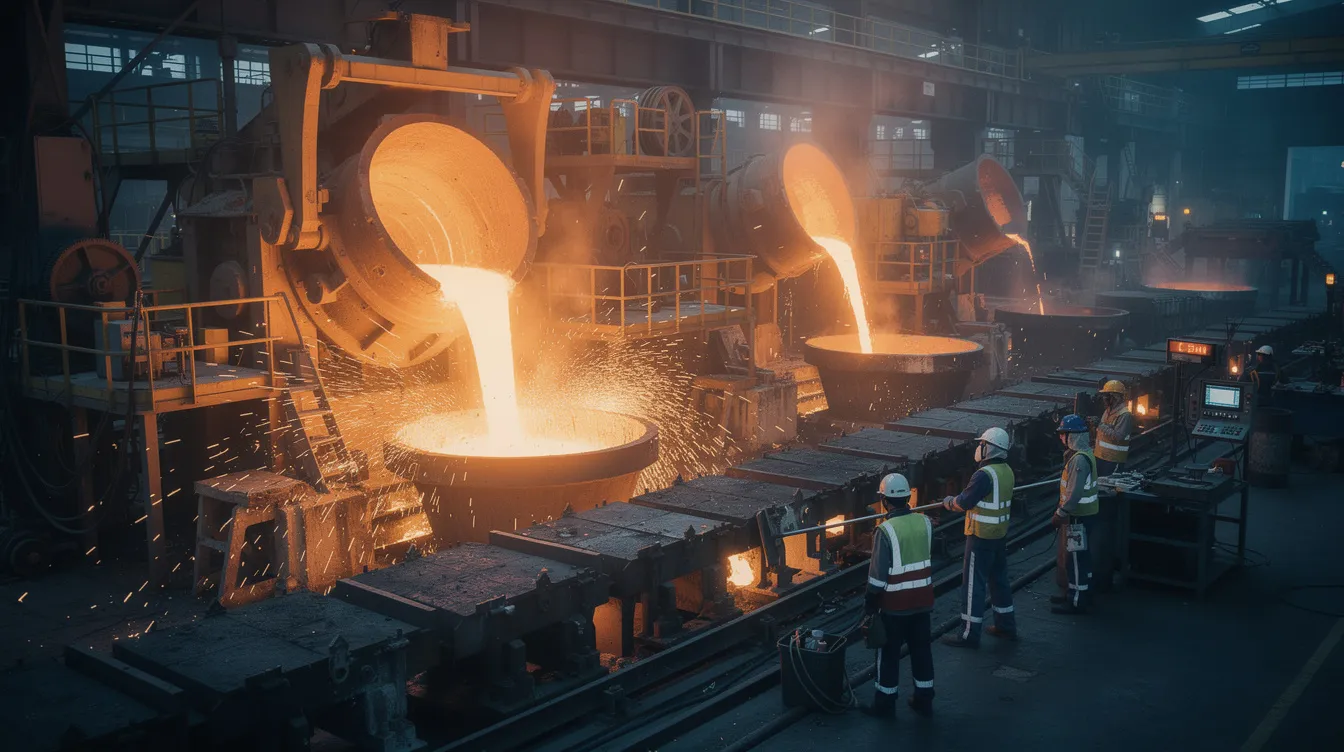 Das Bild zeigt eine industrielle Stahlproduktionsanlage von thyssenkrupp, in der glühender Stahl verarbeitet wird. Arbeiter in Schutzkleidung sind bei der Schichtarbeit beschäftigt, während im Hintergrund Hochöfen und Maschinen zu sehen sind, die für die Stahlproduktion in der Stahlbranche entscheidend sind.