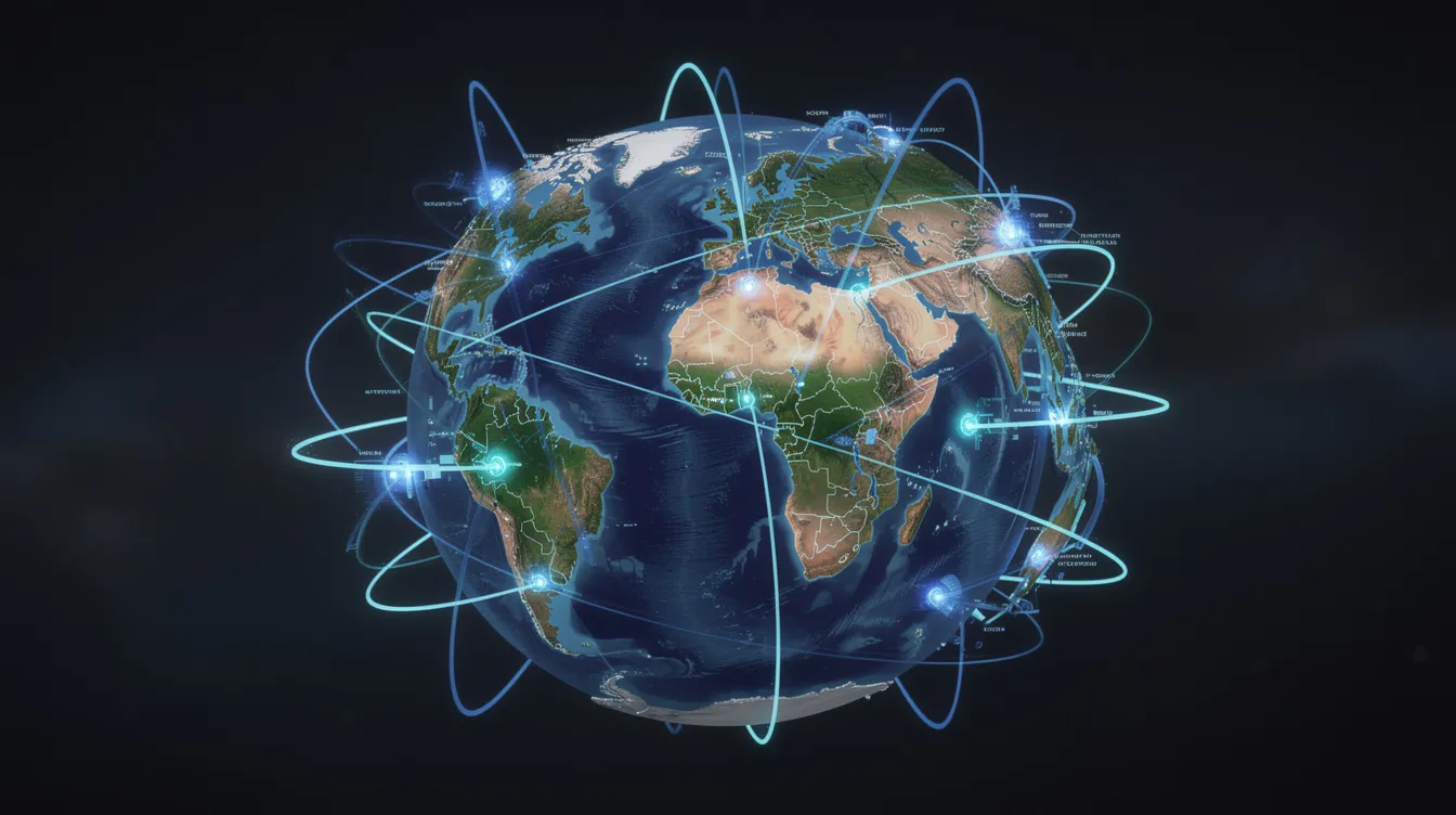 Die Abbildung zeigt eine Weltkugel, die von leuchtenden digitalen Verbindungslinien durchzogen ist, welche die globale Vernetzung symbolisieren. Diese Darstellung verdeutlicht die internationale Reichweite von Streamingdiensten wie Netflix, die von Gründern wie Reed Hastings und Marc Randolph ins Leben gerufen wurden.