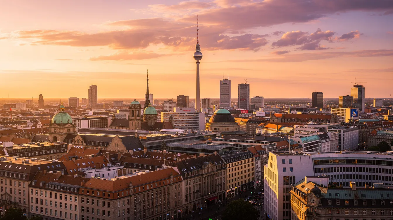 Der Panoramablick auf die Berliner Skyline zeigt den markanten Fernsehturm, der bei Sonnenuntergang in warmen Farben leuchtet. Diese beeindruckende Kulisse ist ein Symbol für die Stadt und ihre vielfältigen Nachrichten- und Informationsangebote, wie sie auf ntv.de und anderen Nachrichtenportalen zu finden sind.