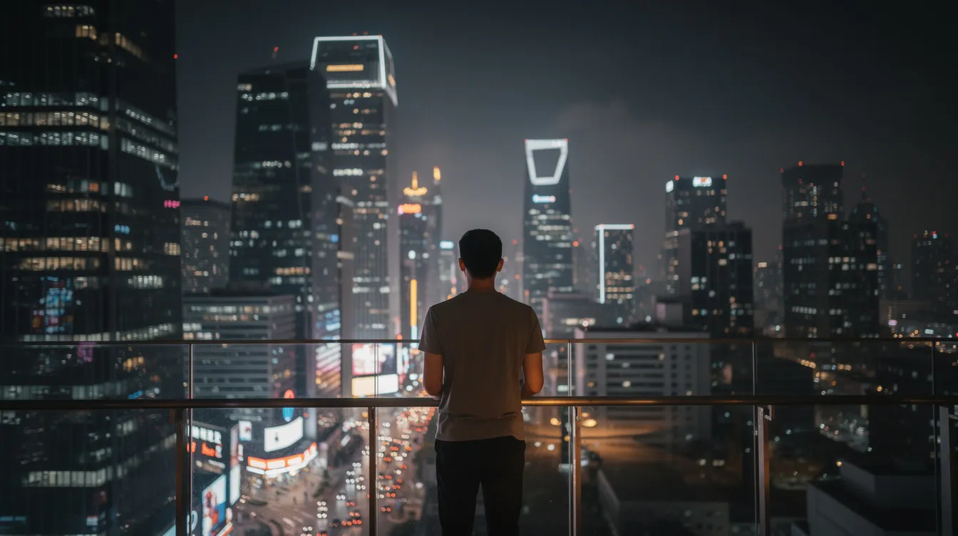 Eine einzelne Person steht auf einem Balkon und blickt auf die beleuchtete Skyline einer modernen Großstadt bei Nacht. Die Szene vermittelt ein Gefühl von Freiheit und Weite, während die Lichter der Stadt funkeln und die Atmosphäre lebendig wirkt.