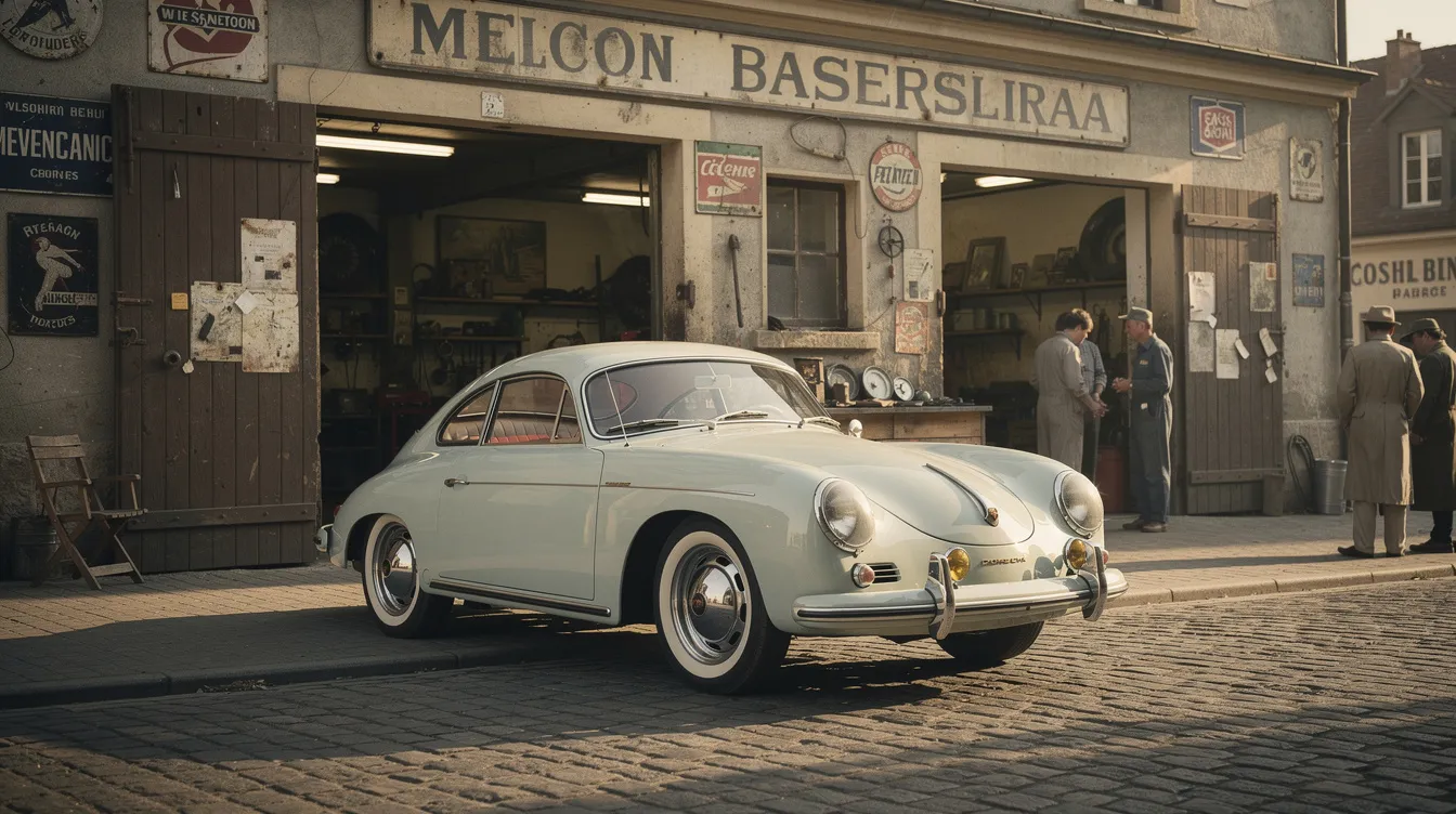 Ein klassischer Porsche 356 Sportwagen steht vor einer historischen Werkstatt aus den 1950er-Jahren, umgeben von nostalgischer Atmosphäre und alten Werkzeugen, die die Geschichte des Automobilherstellers Porsche widerspiegeln. Dieser elegante Sportwagen, ein Symbol für Ingenieurskunst und Luxus, verkörpert die Anfänge der berühmten Marke Porsche.