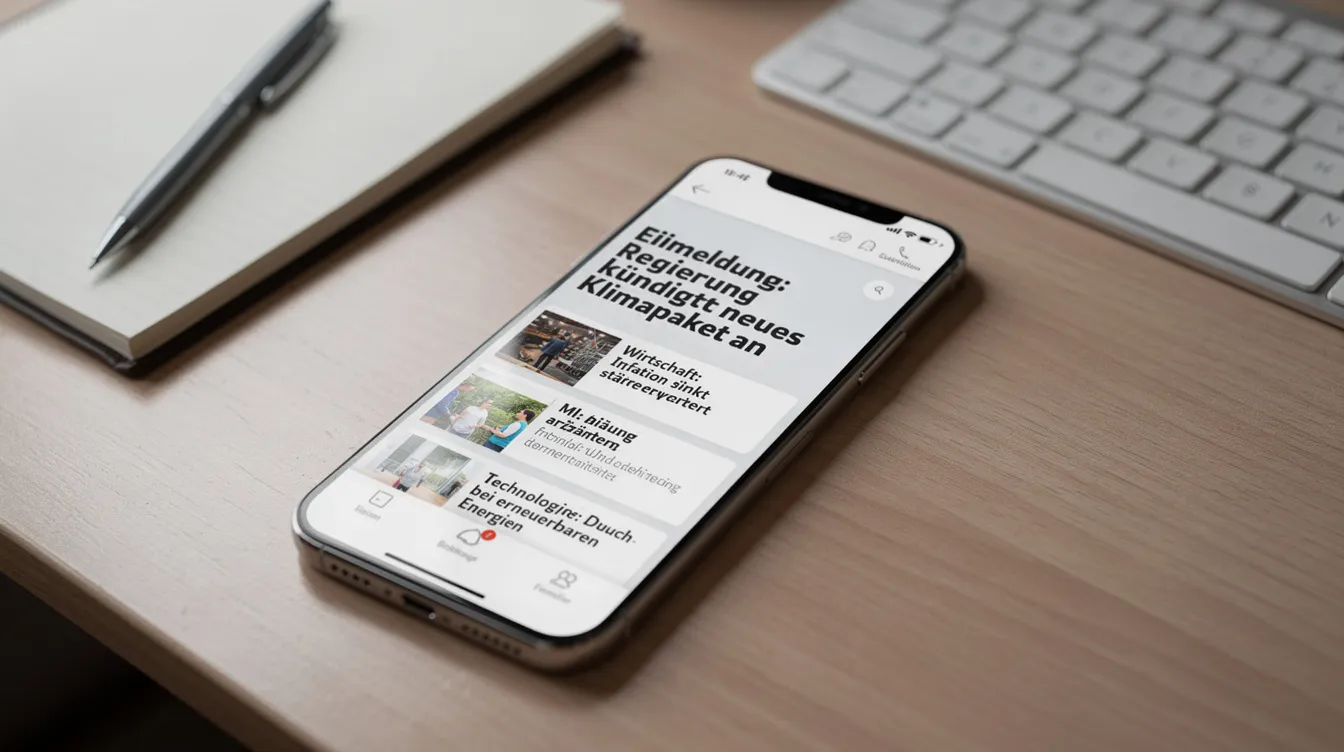 Ein Smartphone liegt auf einem Schreibtisch und zeigt eine Nachrichten-App mit aktuellen Schlagzeilen, die Informationen aus verschiedenen Bereichen wie Politik und Wirtschaft bereitstellt. Die App könnte Inhalte von ntv.de oder anderen Nachrichtenportalen beinhalten, die für eine umfassende Nachrichtenberichterstattung sorgen.