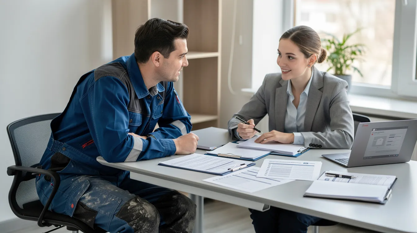 Ein Mitarbeiter in Arbeitskleidung führt ein Gespräch mit einem Berater an einem Schreibtisch, der mit Dokumenten über den Stellenabbau im thyssenkrupp Stahlkonzern bedeckt ist. Die Szene vermittelt den Austausch über die Herausforderungen und Zukunftsperspektiven in der Stahlbranche.