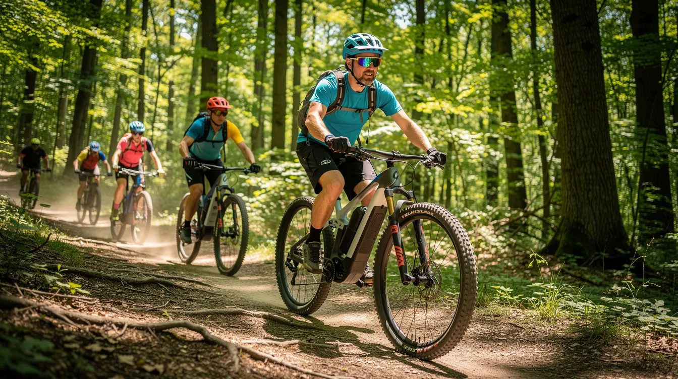Eine Gruppe von Radfahrern, die moderne E-Mountainbikes der Marke Canyon fahren, bewegt sich auf einem schmalen Waldweg bei Tageslicht. Die Szene vermittelt ein Gefühl von Abenteuer und Freiheit in der Natur, während die Radfahrer in sportlicher Kleidung und mit Helmen ausgestattet sind.
