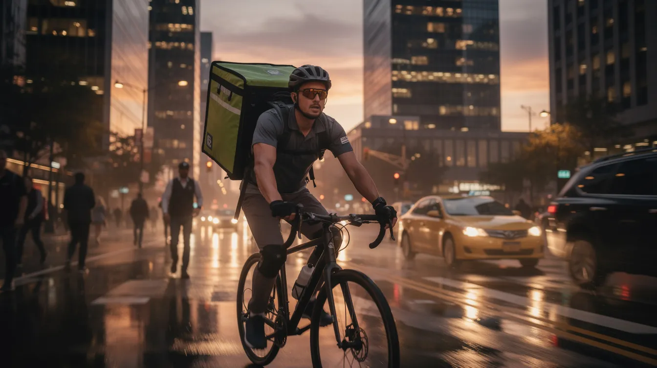 Ein Fahrradkurier mit einem großen Lieferrucksack fährt durch eine belebte Großstadtstraße, während das Abendlicht die Szene in warmen Farben taucht. Diese Darstellung spiegelt die Tätigkeit von Lieferando-Fahrern wider, die in Städten wie Hamburg und Berlin für einen zuverlässigen Essenslieferdienst sorgen.