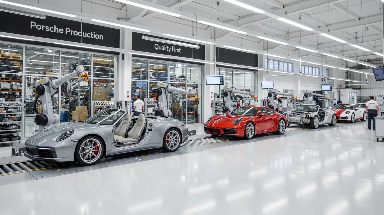 Die moderne Porsche-Produktionshalle zeigt eine hochautomatisierte Fertigungslinie, auf der elegante Sportwagen wie der Porsche 911 gefertigt werden. Roboter arbeiten präzise und effizient, während die Geschichte und Ingenieurskunst der Familien Porsche und Piëch in jedem Fahrzeug sichtbar sind.