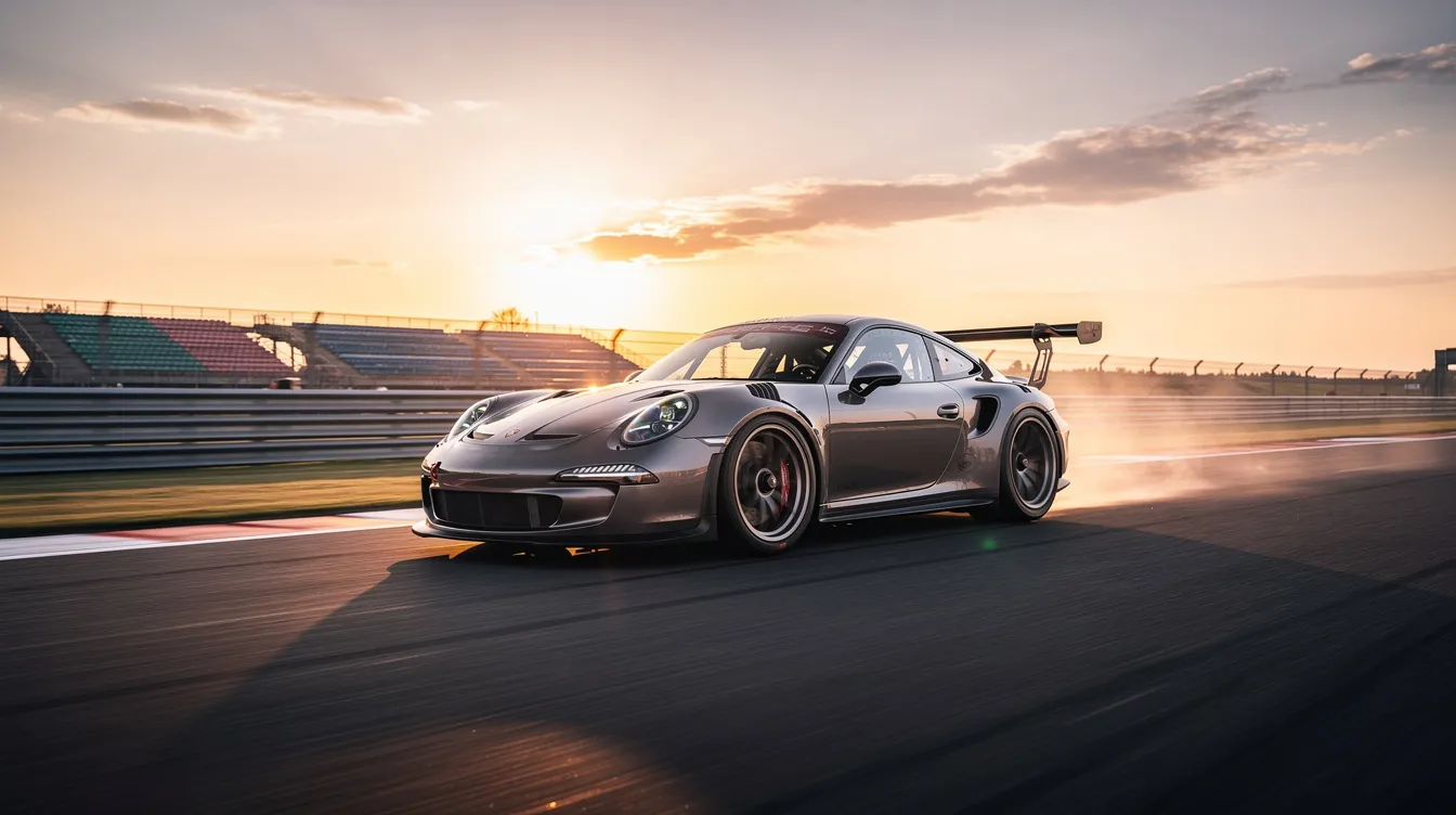 Ein Porsche 911 fährt mit hoher Geschwindigkeit über eine Rennstrecke, während die Sonne im Hintergrund untergeht und den Himmel in warmen Farben erleuchtet. Dieses sportliche Modell repräsentiert die Ingenieurskunst und Geschichte des Unternehmens Porsche, das für seine Luxusfahrzeuge und Rennwagen bekannt ist.