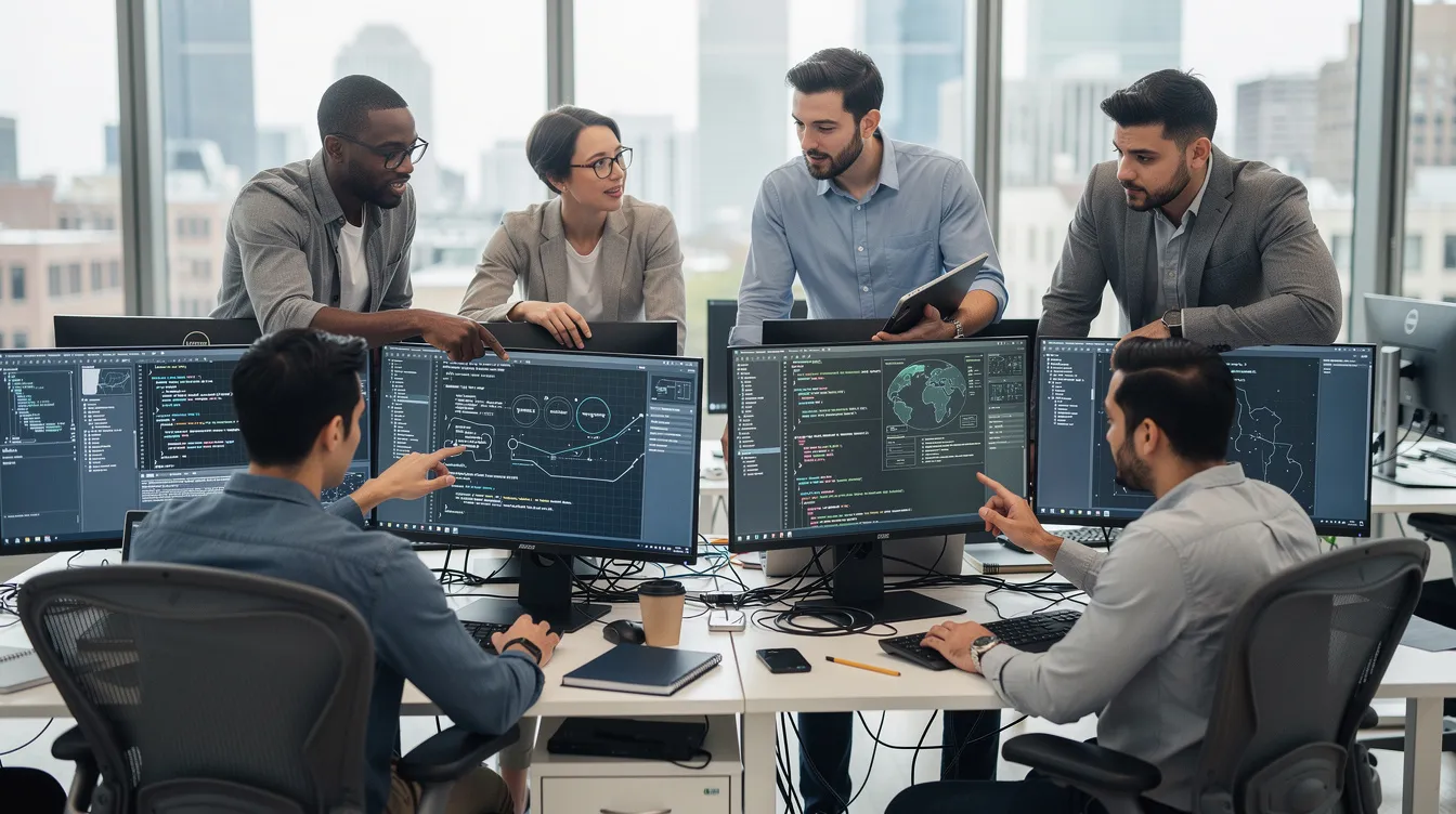 In einem modernen Großraumbüro arbeiten Ingenieure gemeinsam an Computerbildschirmen, während sie an Projekten im Bereich Bosch Engineering und Autozulieferer tätig sind. Die Zusammenarbeit spiegelt die Innovationskraft und den Teamgeist des Unternehmens wider, das sich mit den Herausforderungen des Stellenabbaus und der Zukunftsthemen in der Autoindustrie auseinandersetzt.