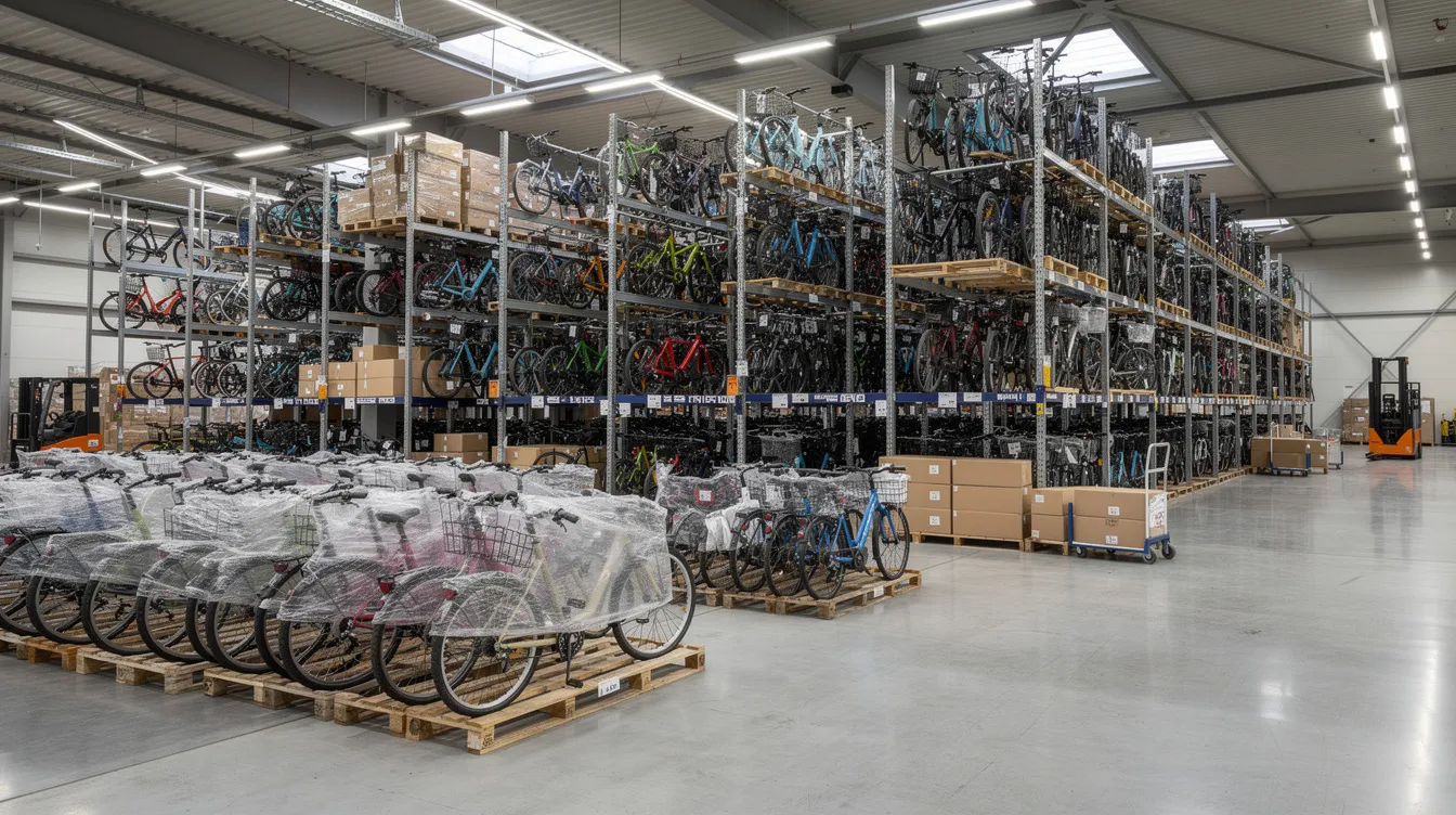 Das Bild zeigt ein großes Fahrradlager in einer modernen Logistikhalle, in dem hunderte verpackte Fahrräder des Herstellers Canyon ordentlich aufgereiht sind. Die Szene vermittelt einen Eindruck von Effizienz und Organisation in der Logistik, während die Vielzahl der Fahrräder auf die Produktionskapazitäten des Unternehmens hinweist.
