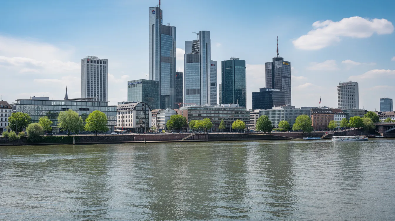 Die Skyline von Frankfurt am Main zeigt das beeindruckende Bankenviertel mit modernen Hochhäusern, darunter die markante silhouette der Deutsche Bank, während der Main-Fluss friedlich im Vordergrund fließt. Diese Stadt ist ein wichtiges Zentrum für Finanzunternehmen wie BlackRock und Morgan Stanley, die hier bedeutende Beteiligungen verwalten.