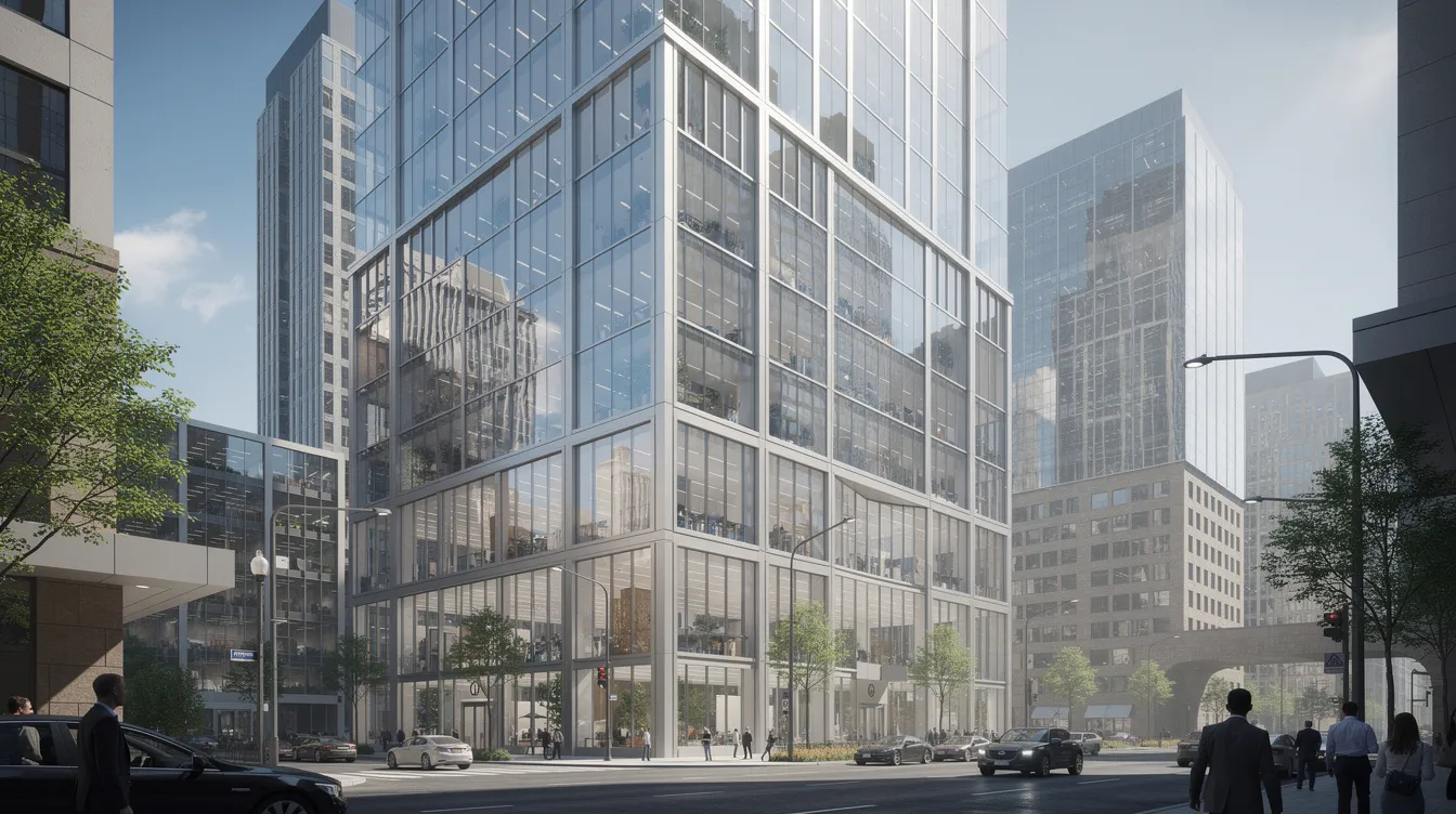 Ein modernes Bürogebäude aus Glas und Stahl erhebt sich in einer belebten Großstadt, umgeben von anderen Wolkenkratzern, während Tageslicht die Fassade erhellt. Dieses beeindruckende Bauwerk könnte als Sitz eines Unternehmens wie ntv dienen, das sich auf Nachrichtenberichterstattung und Wirtschaftsthemen konzentriert.