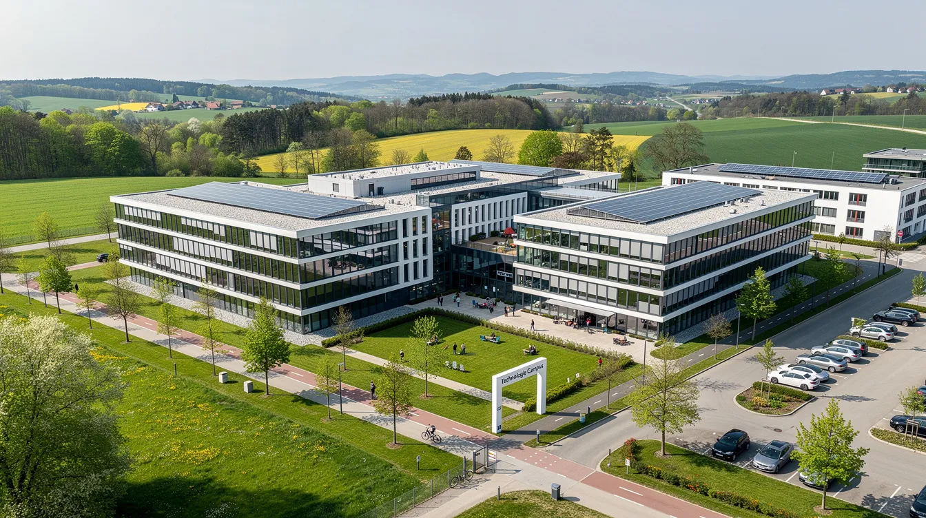 Die Luftaufnahme zeigt einen modernen Technologie-Campus in Süddeutschland, umgeben von üppiger grüner Landschaft, mit mehreren Bürogebäuden, die den Hauptsitz von Bosch Engineering und Tochterunternehmen beherbergen. Diese Umgebung ist ein wichtiger Standort für die Autoindustrie und spielt eine zentrale Rolle in der Entwicklung und dem Personalabbau im Unternehmen.
