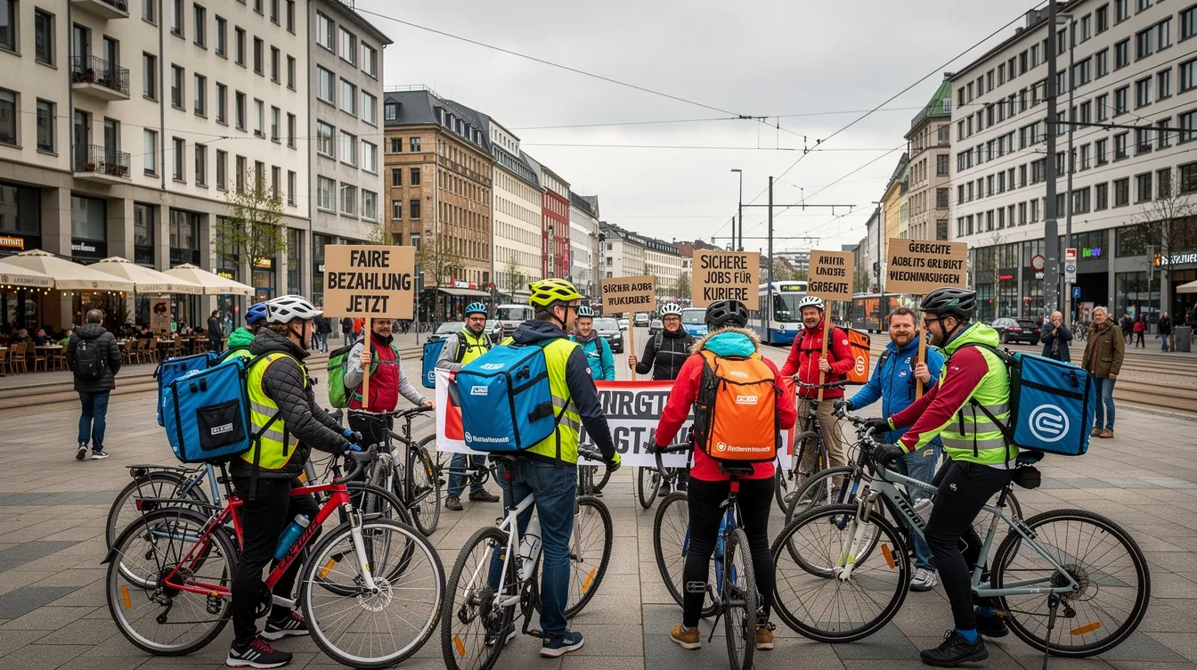 Eine Gruppe von Fahrradkurieren demonstriert auf einem städtischen Platz mit Schildern, um gegen den geplanten Stellenabbau bei Lieferando zu protestieren. Die Fahrerinnen und Fahrer fordern bessere Arbeitsbedingungen und den Erhalt von rund 2.000 Fahrerstellen im essens Lieferdienst.