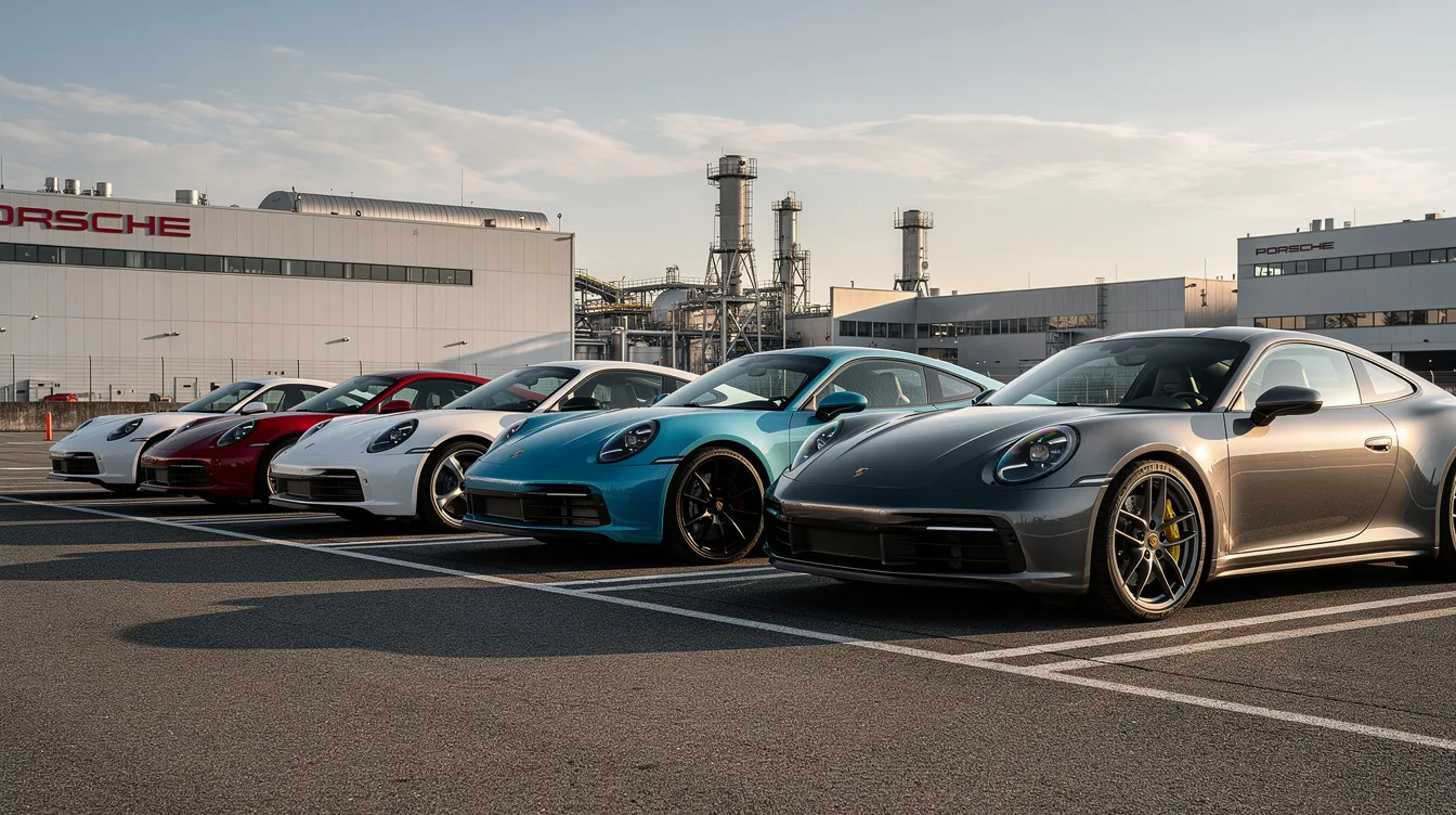 Eine Reihe moderner Porsche-Sportwagen verschiedener Modelle steht auf einem Werksparkplatz, umgeben von einer klaren, urbanen Umgebung. Die Fahrzeuge repräsentieren die Exzellenz und Ingenieurskunst der Marke Porsche, einem führenden Automobilhersteller mit einer reichen Geschichte.