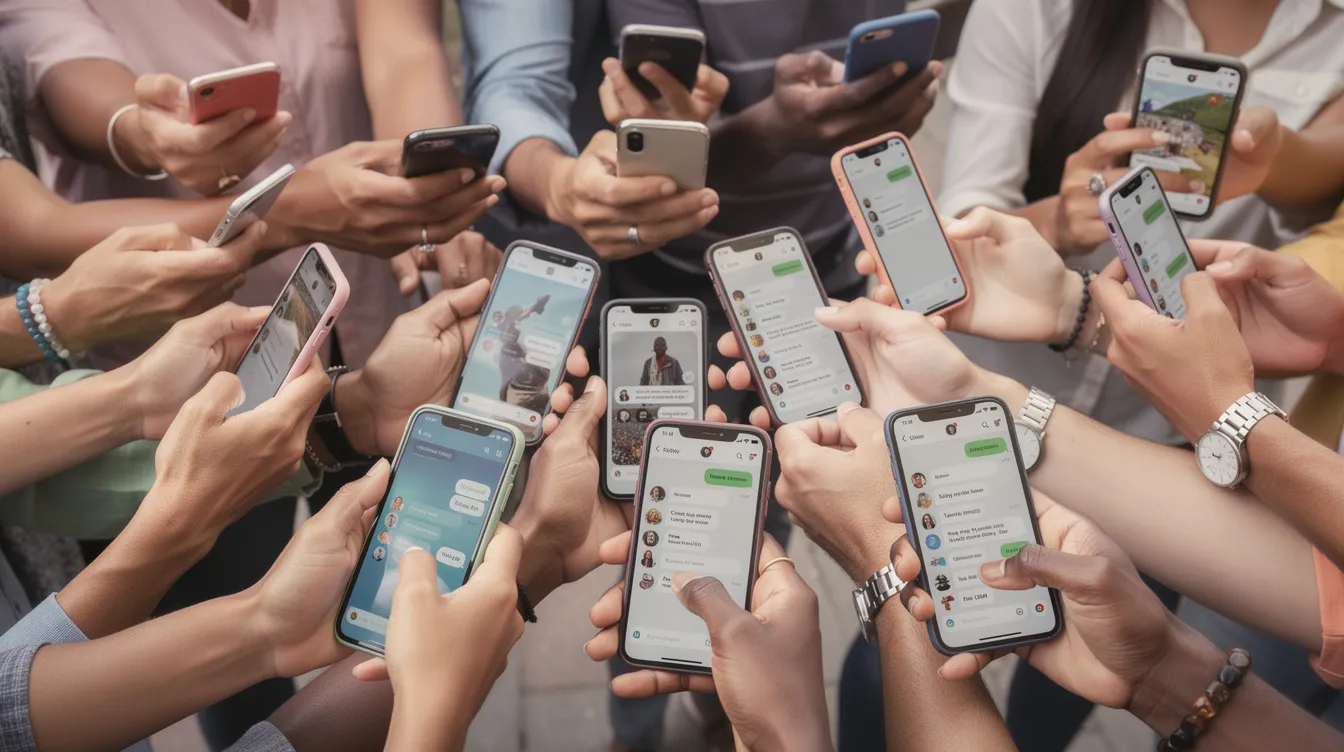 Das Bild zeigt eine Collage von verschiedenen Händen, die Smartphones halten, und verdeutlicht die weltweite Nutzung von Mobiltelefonen. Diese Darstellung spiegelt die Vielfalt der Telegram-Nutzer wider, die den beliebten Messengerdienst in verschiedenen Ländern und Kontexten verwenden.
