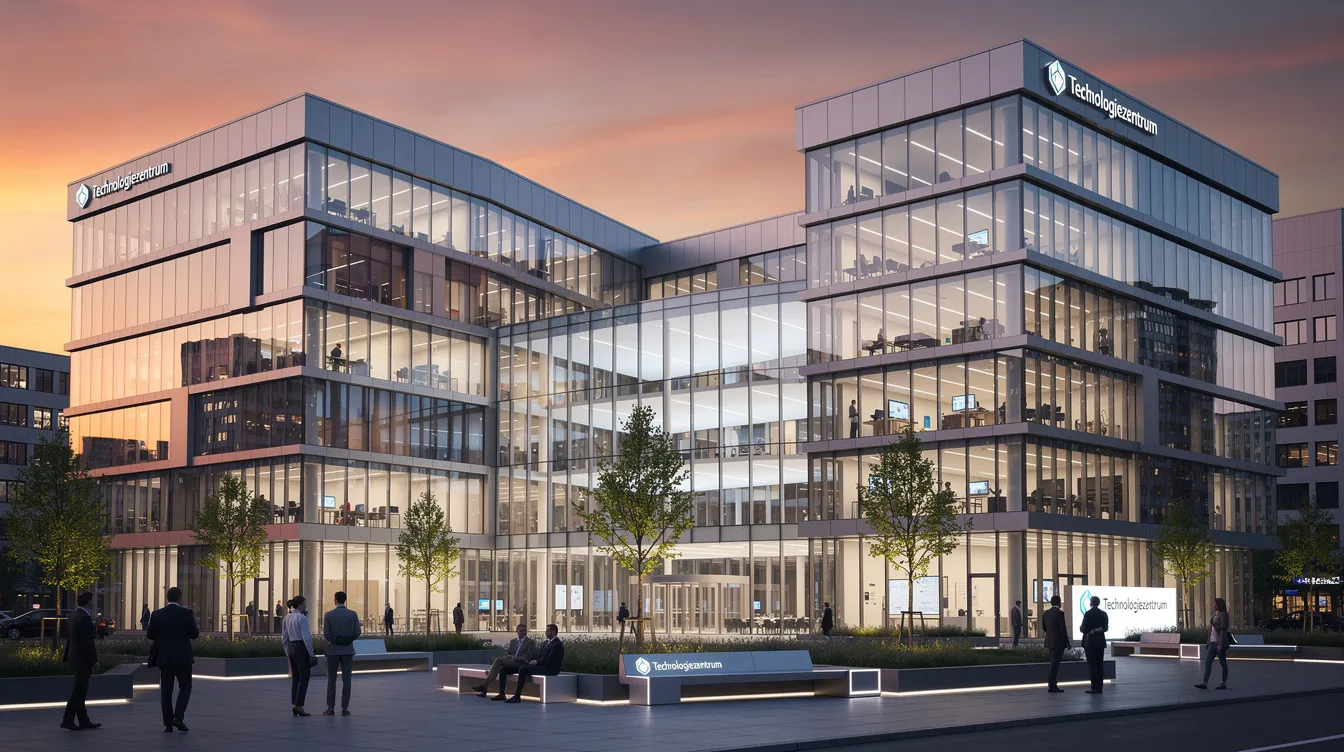 Die moderne Firmenzentrale eines Technologieunternehmens mit gläserner Fassade strahlt bei Sonnenuntergang eine beeindruckende Atmosphäre aus. Im Vordergrund sind Details der Architektur zu erkennen, die die Innovationskraft und Agilität des Unternehmens symbolisieren, während die Umgebung in warmes Licht getaucht ist.