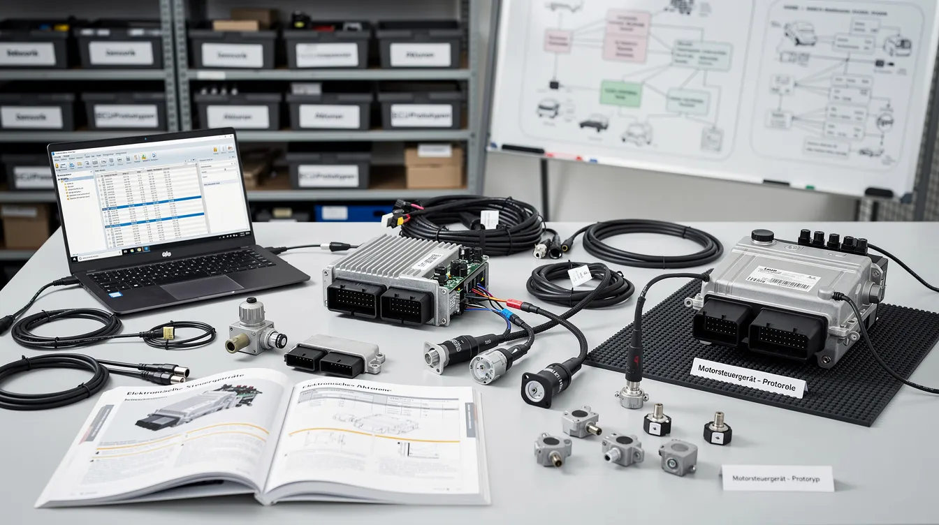 Auf einem Arbeitstisch in einer Entwicklungsabteilung sind moderne Automobilkomponenten und elektronische Steuergeräte ausgestellt, die für die Fahrzeugtechnik von Bosch Engineering entwickelt wurden. Diese Komponenten stehen im Kontext der aktuellen Entwicklungen und Herausforderungen in der Autoindustrie, insbesondere im Hinblick auf Stellenabbau und Sparmaßnahmen bei Bosch.