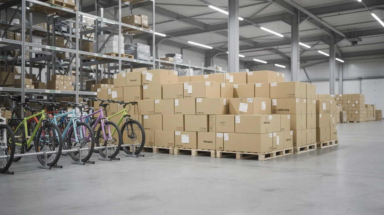 In einer Logistikhalle sind zahlreiche Lieferboxen gestapelt und Fahrräder für den Essenslieferdienst bereitgestellt. Diese Szene spiegelt die aktuelle Situation bei Lieferando wider, wo rund 2.000 Fahrerinnen und Fahrer von Stellenabbau betroffen sind.