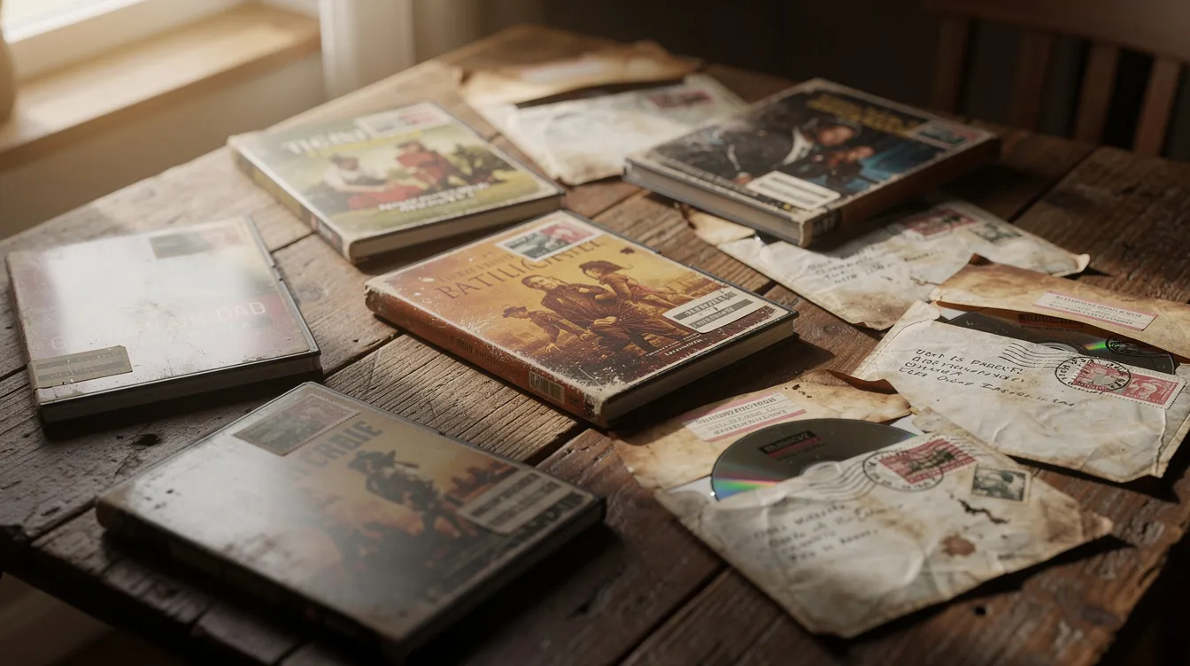 Auf einem Holztisch liegen alte DVD-Hüllen und Briefumschläge, die an den klassischen Postversand erinnern und die Geschichte der Online-Videothek Netflix widerspiegeln. Diese nostalgischen Elemente symbolisieren die Anfänge des Unternehmens, das von Reed Hastings und Marc Randolph gegründet wurde, bevor es zum erfolgreichen Streamingdienst wurde.