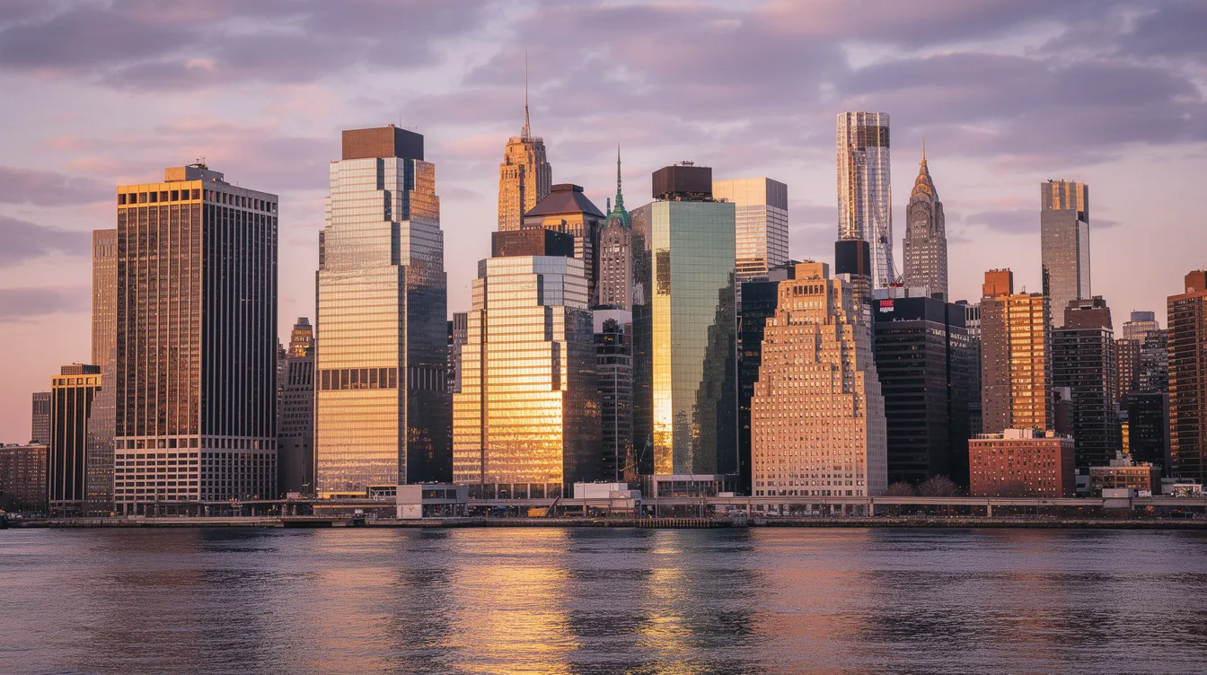 Die Skyline des Finanzviertels in New York City zeigt imposante Wolkenkratzer, die bei Sonnenuntergang in warmen Farben leuchten. Diese Szene symbolisiert die Macht und den Einfluss von Finanzunternehmen wie BlackRock und Morgan Stanley in der Welt der Finanzen.