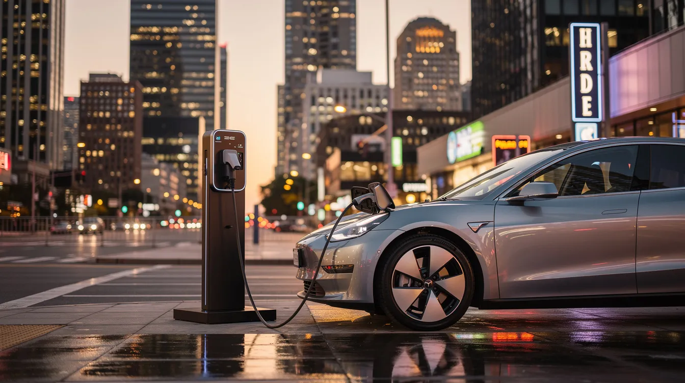 Ein modernes Elektroauto, das zur Marke Cupra gehört, steht an einer Ladestation vor einer urbanen Kulisse, während das Abendlicht die Szene in warmen Tönen erleuchtet. Die elegante Silhouette des Fahrzeugs hebt sich vor der Stadtlandschaft hervor und spiegelt die Innovationskraft der automobilen Elektromobilität wider.