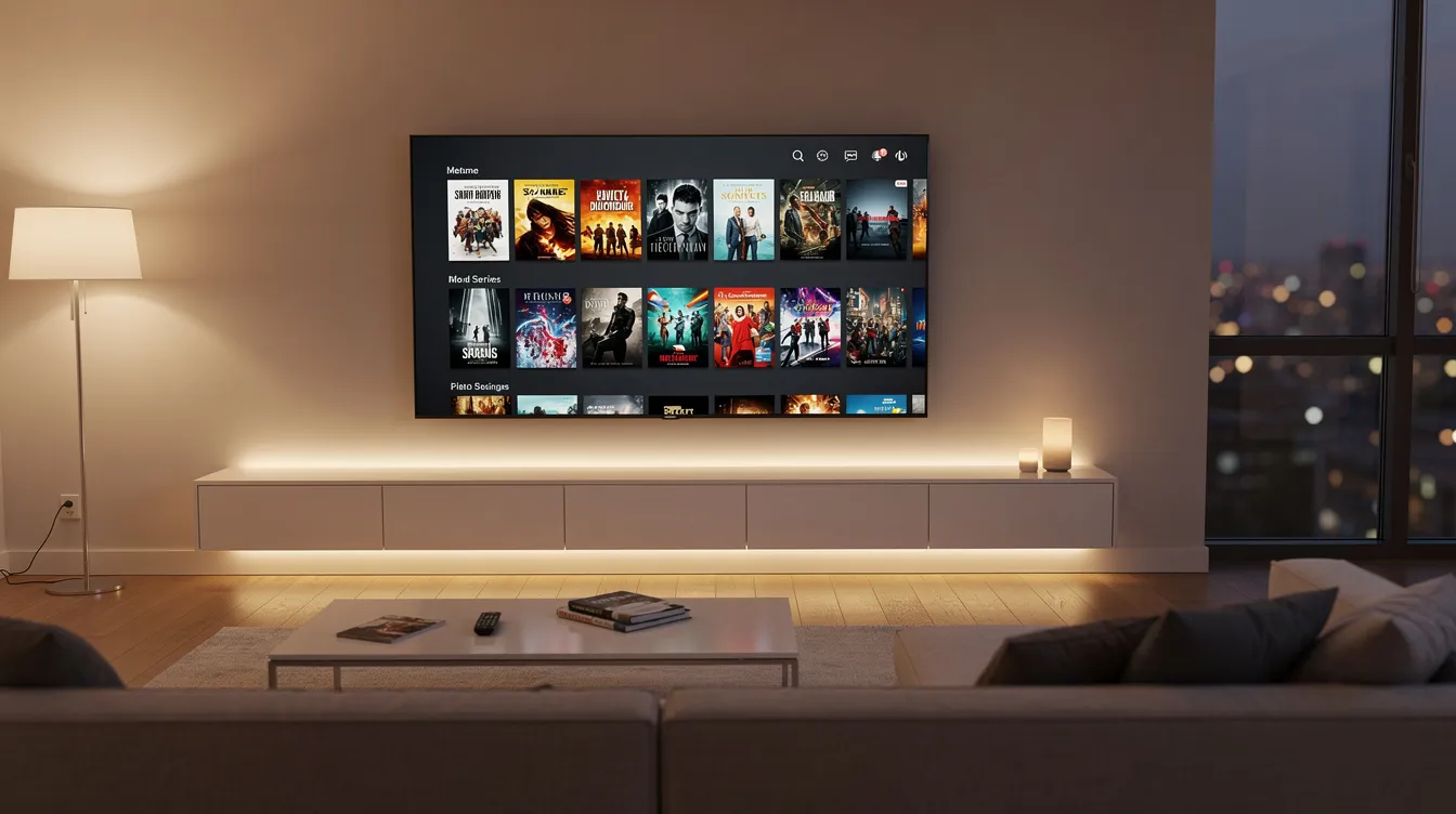 Ein modernes Wohnzimmer mit einem großen Fernseher, auf dem ein Streaming-Menü von Netflix angezeigt wird, das verschiedene Film- und Serienposter zeigt. Die Einrichtung ist stilvoll und einladend, ideal für einen gemütlichen Filmabend in der Medienbranche.