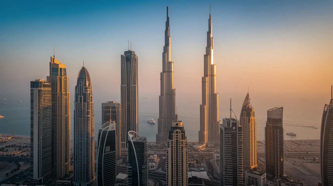 Die moderne Skyline von Dubai bei Sonnenuntergang zeigt beeindruckende Hochhäuser, die sich vor einem farbenfrohen Himmel abheben, während im Hintergrund das glitzernde Meer zu sehen ist. Diese Szene verkörpert die dynamische Entwicklung der Stadt und zieht zahlreiche Besucher und Telegram-Nutzer an, die die Schönheit der Architektur und die Atmosphäre der Metropole genießen.