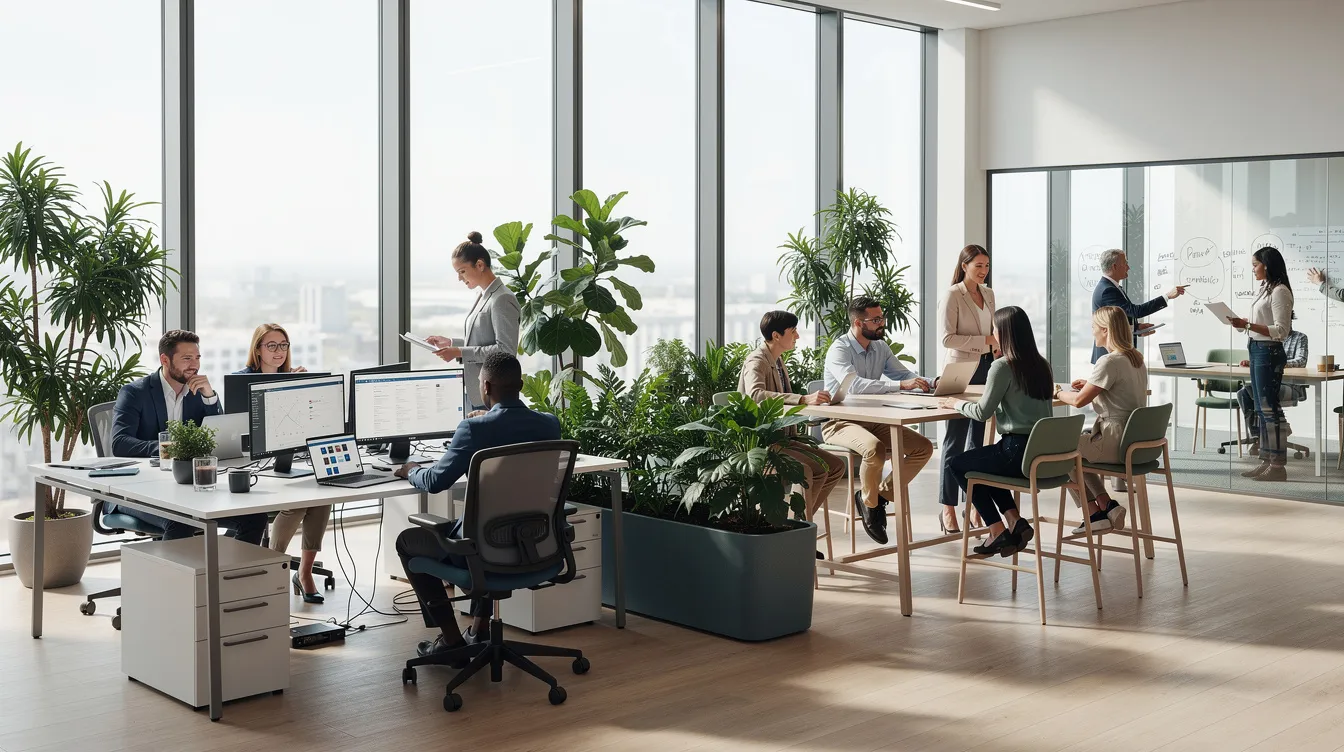 Das Bild zeigt eine moderne Büroumgebung, in der diverse Teams an Schreibtischen zusammenarbeiten. Umgeben von Glaswänden und Pflanzen vermittelt der Raum eine angenehme Arbeitsatmosphäre, die die Unternehmenskultur und Mitarbeiterzufriedenheit fördert, was diesen Arbeitsplatz zu einem der besten Arbeitgeber Deutschlands macht.