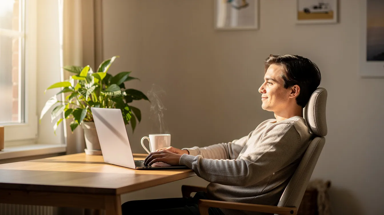 Eine Person sitzt entspannt an ihrem Schreibtisch zu Hause und arbeitet am Laptop, während sie eine Kaffeetasse in der Hand hält. Auf dem Tisch steht eine Pflanze, die zur angenehmen Arbeitsatmosphäre beiträgt und die Bedeutung einer positiven Unternehmenskultur unter den besten Arbeitgebern Deutschlands unterstreicht.