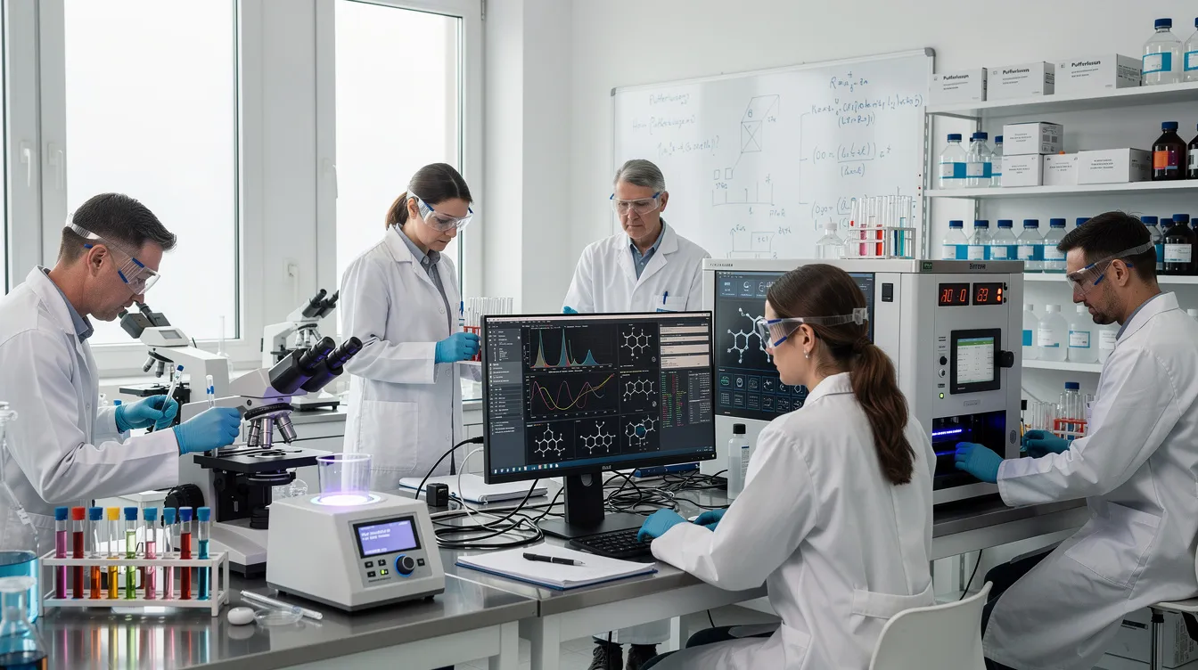Das Bild zeigt ein modernes Forschungslabor, in dem Wissenschaftler in weißen Kitteln an hochentwickelten Geräten arbeiten. Die Atmosphäre ist geprägt von Innovation und Zusammenarbeit, was die Bedeutung der Forschung für die besten Arbeitgeber in Deutschland unterstreicht.