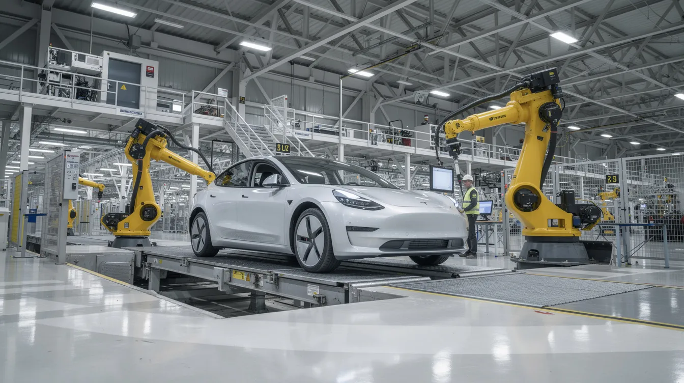 Das Bild zeigt ein modernes Elektroauto, das auf einer Produktionslinie in einer Fabrikhalle montiert wird. Die Szene vermittelt den Eindruck eines hochmodernen Betriebs, in dem Mitarbeiter an der Herstellung von E-Autos für Ford in Köln beteiligt sind.