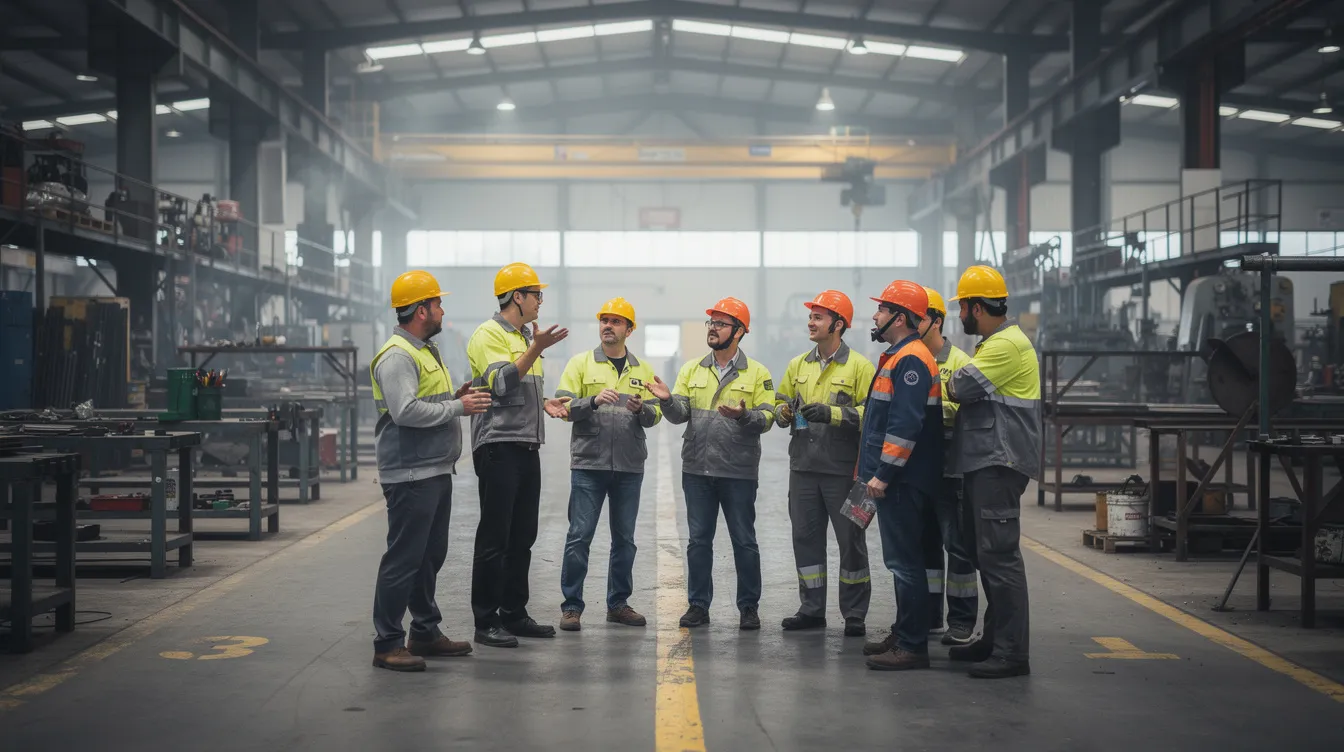In einer Werkshalle diskutieren Industriearbeiter mit Schutzhelmen über aktuelle Themen, möglicherweise im Zusammenhang mit dem Stellenabbau bei Ford in Köln. Die Atmosphäre ist von einem Austausch über Arbeitsplätze und die Situation der Belegschaft geprägt.