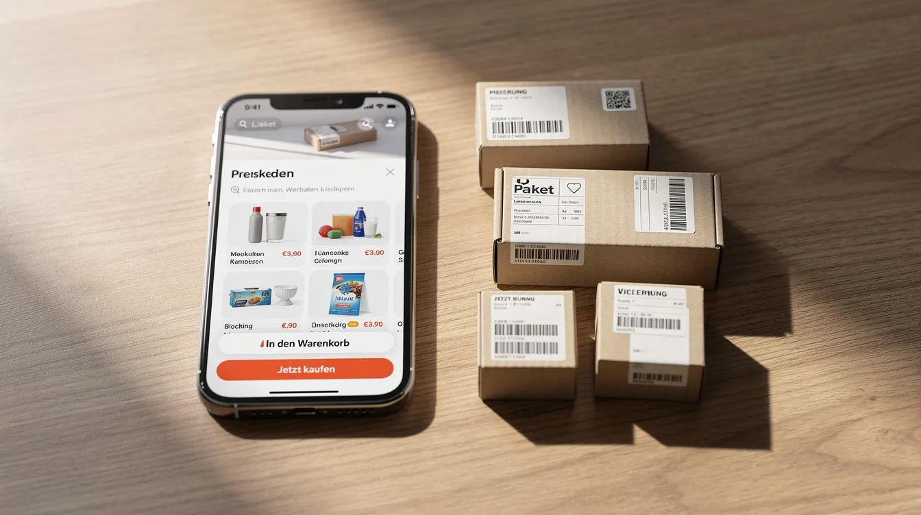 Das Bild zeigt ein Smartphone auf einem Tisch, auf dem eine geöffnete Shopping-App zu sehen ist, während daneben mehrere kleine Pakete liegen, die auf den Online-Marktplatz und die Angebote von Temu hinweisen. Diese Szene vermittelt ein Gefühl von modernem E-Commerce und dem Einkaufserlebnis in der digitalen Welt.