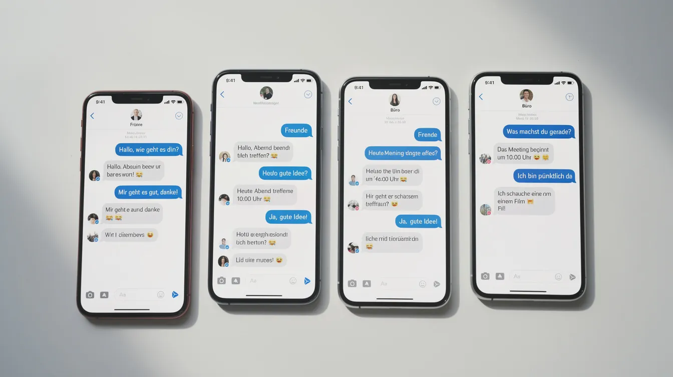 Auf einem hellen Tisch liegen vier verschiedene Smartphones nebeneinander, die jeweils einen unterschiedlichen Bildschirm eines Messenger-Dienstes anzeigen. Die Geräte zeigen Funktionen von beliebten Apps wie Signal, die für ihre Ende-zu-Ende-Verschlüsselung und den Fokus auf Privatsphäre bekannt sind.