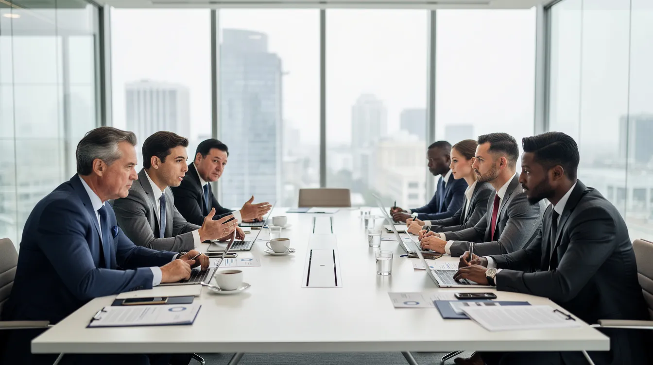Im modernen Konferenzraum sind zwei Gruppen von Geschäftsleuten bei intensiven Verhandlungen zu sehen, die sich mit Themen wie Stellenabbau und strategischen Plänen für die Commerzbank auseinandersetzen. Die Atmosphäre ist angespannt, während sie über die Zukunft der Arbeitsplätze und mögliche Übernahmen diskutieren.