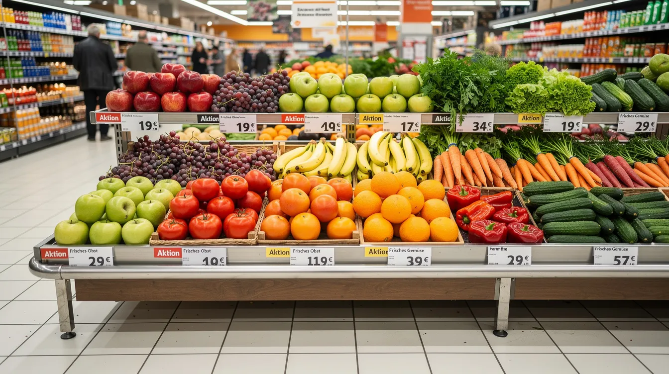 Die Abbildung zeigt eine übersichtliche Auslage mit frischem Obst und Gemüse in einem Discount-Supermarkt, vermutlich einer Norma-Filiale. Die bunten Produkte sind ansprechend angeordnet und laden die Kunden zum Einkaufen ein, während sie Teil der Erfolgsgeschichte des Lebensmitteleinzelhandels sind.