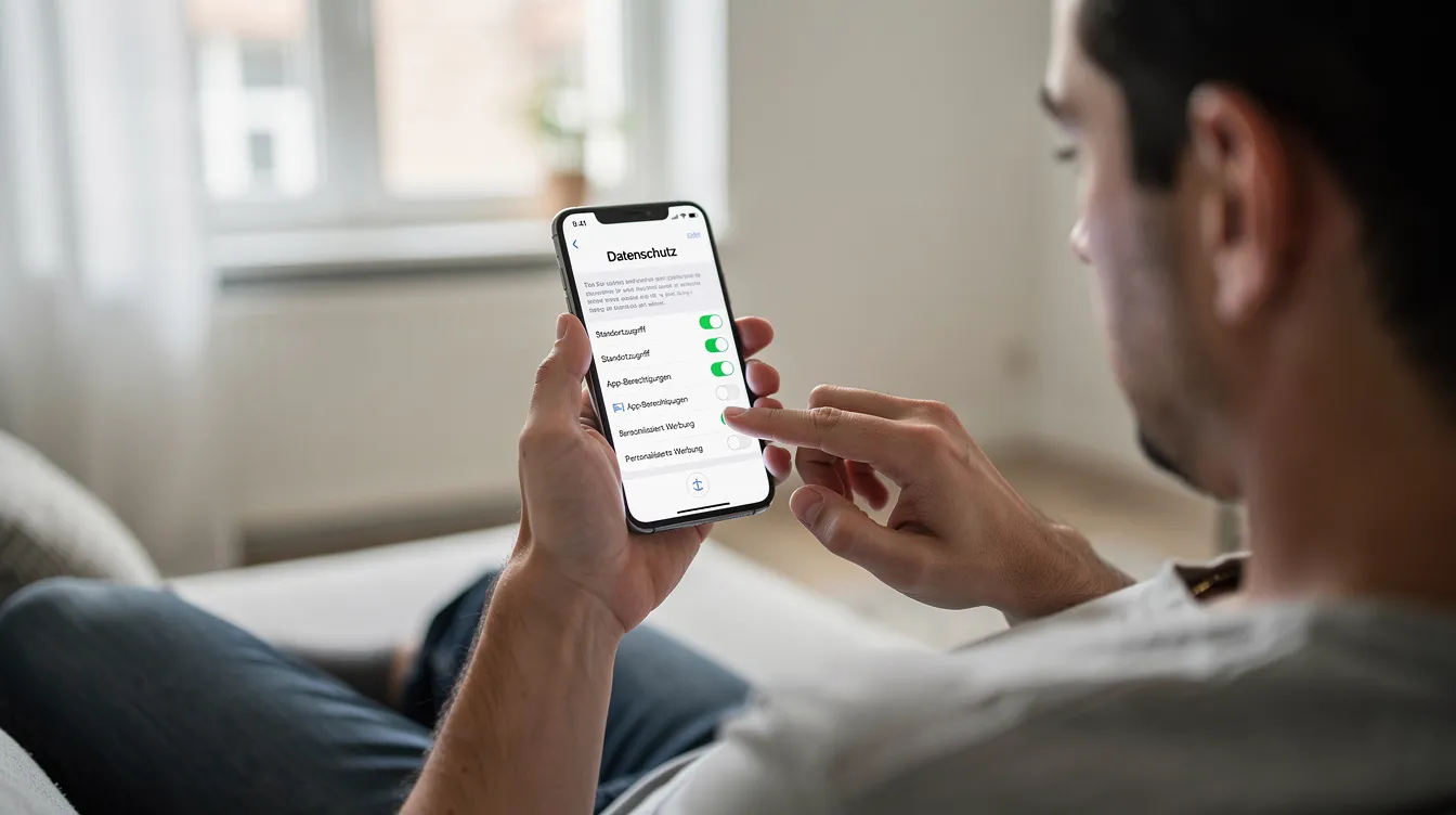 Eine Person überprüft die Datenschutzeinstellungen auf ihrem Smartphone, um sicherzustellen, dass ihre Informationen in sozialen Medien wie Snapchat und Instagram geschützt sind. Sie schaut sich Optionen an, um den Zugriff auf ihren Account und die Sichtbarkeit ihrer Beiträge zu steuern.