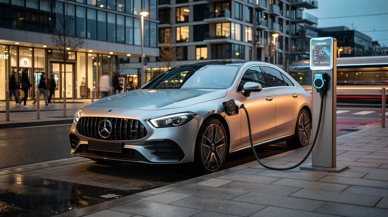Ein modernes Elektrofahrzeug von Mercedes-Benz steht an einer Ladestation in einer urbanen Umgebung, umgeben von modernen Gebäuden und Stadtleben. Das Fahrzeug repräsentiert die Innovationskraft der Mercedes-Benz Group AG im Bereich nachhaltiger Mobilität.