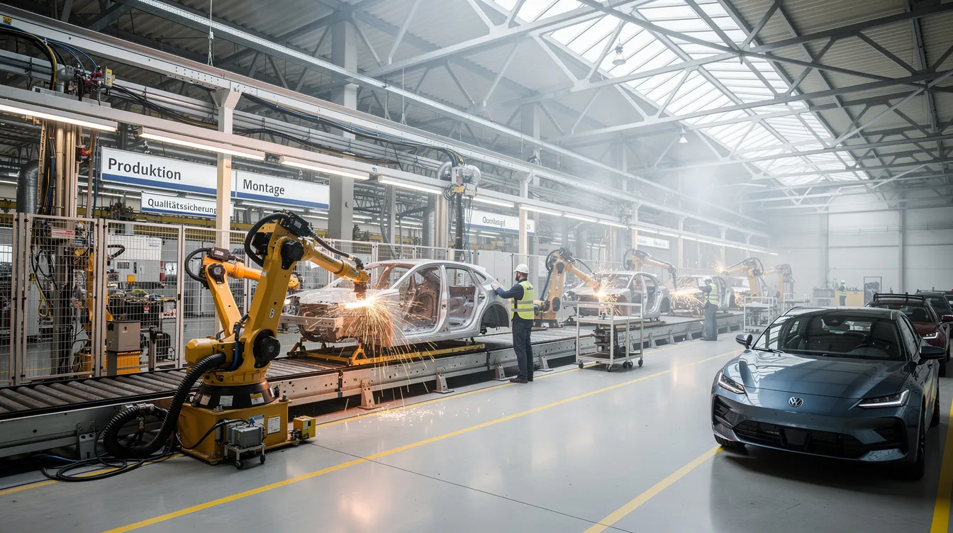 In einer modernen Produktionshalle eines Automobilwerks sind Roboter zu sehen, die effizient an einem Fließband arbeiten, während verschiedene Fahrzeuge, darunter Modelle von Volvo, gefertigt werden. Die Umgebung ist geprägt von hochentwickelter Ingenieurskunst und spiegelt die Innovationskraft des Unternehmens wider, das Teil der Volvo Group ist.
