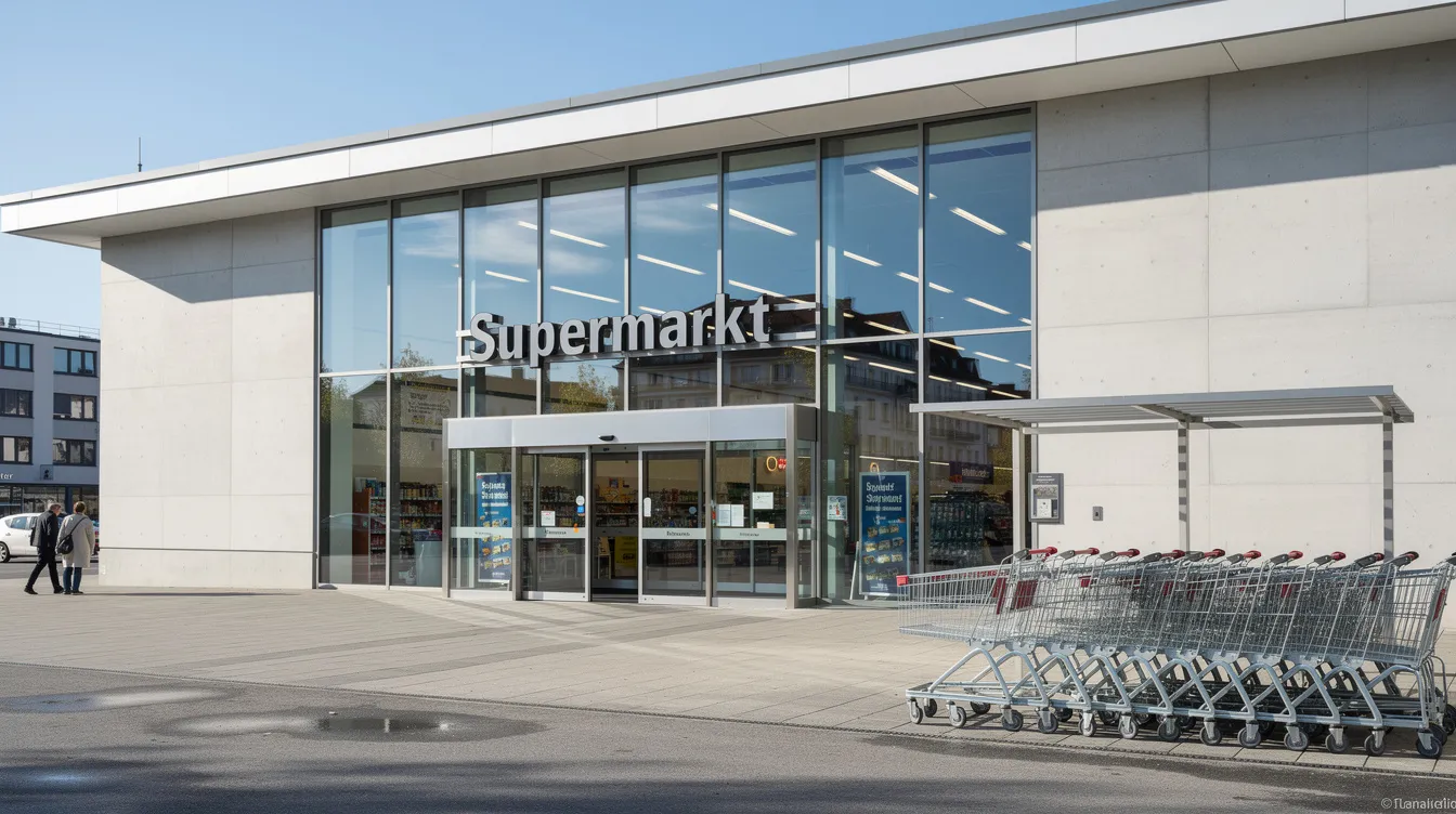 Die Außenansicht eines modernen Supermarkts zeigt eine große Glasfront, durch die das Licht strömt, während im Vordergrund Einkaufswagen platziert sind. Dieser Markt gehört zur Edeka Gruppe, einer bekannten Supermarktkette im Lebensmitteleinzelhandel in Deutschland.