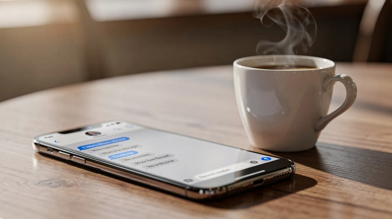 Ein Smartphone liegt auf einem Tisch und zeigt eine geöffnete Messaging-App, während nebenan eine Tasse Kaffee steht. Das Bild vermittelt eine entspannte Atmosphäre, in der Nutzer mit Freunden über soziale Medien wie Snapchat oder WhatsApp kommunizieren können.