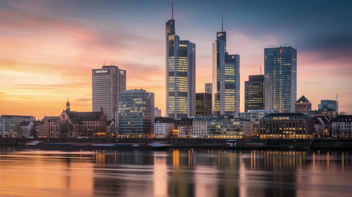 Die Skyline von Frankfurt am Main zeigt moderne Bankgebäude, die im warmen Licht des Sonnenuntergangs erstrahlen. Diese beeindruckende Kulisse ist Teil eines Finanzzentrums, das von bedeutenden Instituten wie der Commerzbank geprägt ist, während gleichzeitig Themen wie Stellenabbau und strategische Veränderungen in der Branche diskutiert werden.