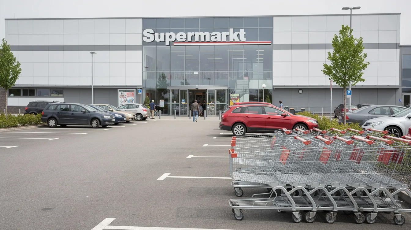 Die moderne Supermarktfiliale von Lidl ist von außen zu sehen, umgeben von einem großen Parkplatz, auf dem Einkaufswagen im Vordergrund stehen. Diese Filiale gehört zur Schwarz Gruppe, einem bedeutenden Unternehmen im Lebensmitteleinzelhandel in Deutschland.