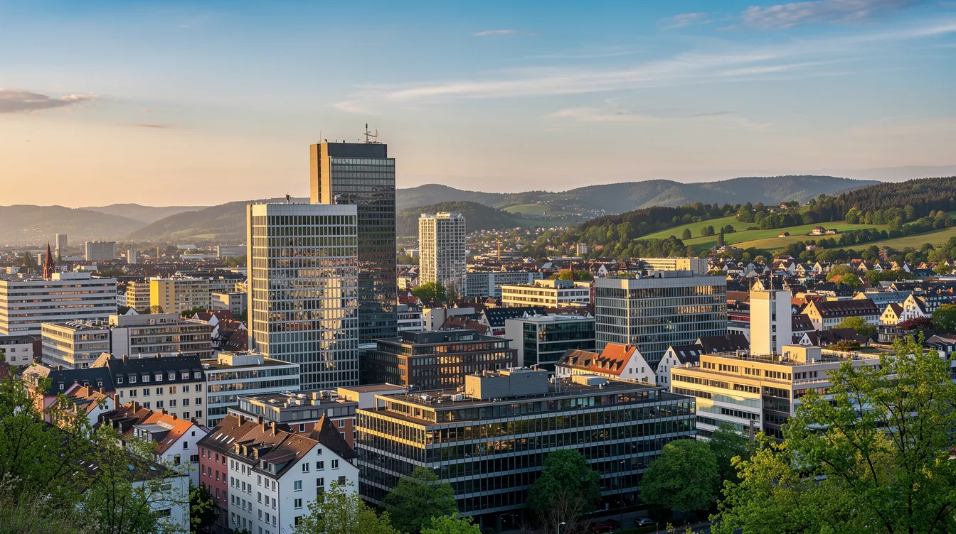 Der Panoramablick zeigt die Skyline von Stuttgart mit modernen Gebäuden und grünen Hügeln im Hintergrund, die die Stadtlandschaft prägen. In dieser Stadt hat die Mercedes Benz Group AG eine bedeutende Rolle in der Automobilindustrie und trägt zur Geschichte und Entwicklung des Automobilbaus bei.